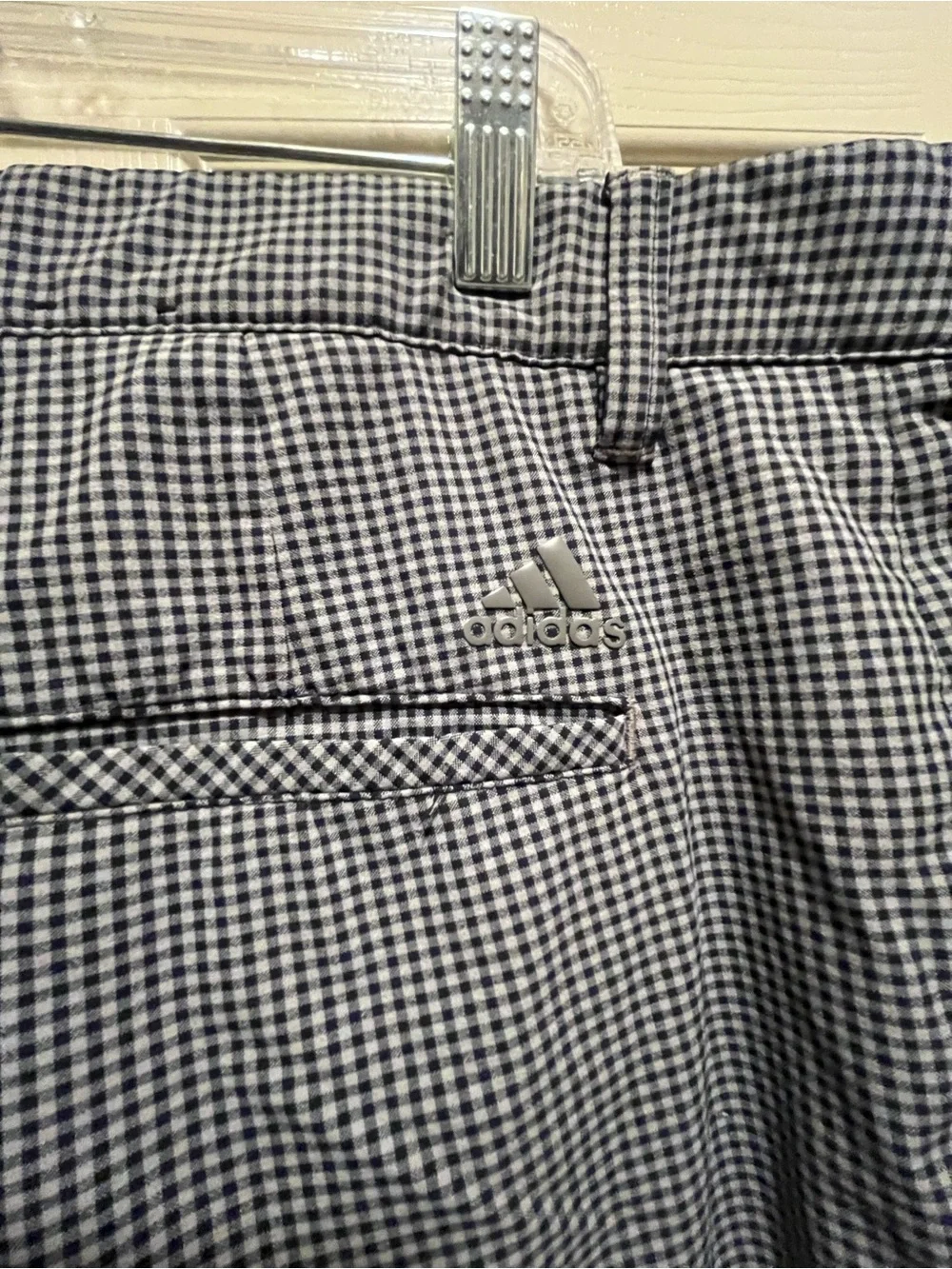 adidas Men's Gray/Black Check Chino Shorts Logo Button Flat Front Pockets